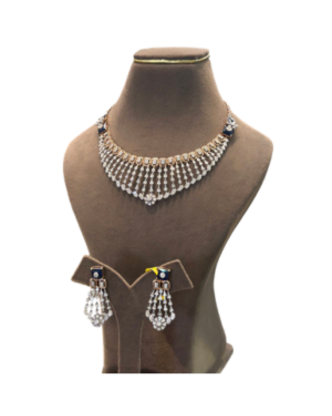22K Gold Finish American Diamond (CZ) Blue Sapphire Necklace Set | Designer Bridal Jewellery