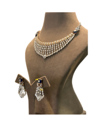 22K Gold Finish American Diamond (CZ) Blue Sapphire Necklace Set | Designer Bridal Jewellery