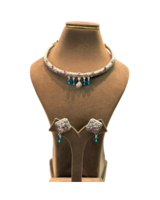 22K Gold Finish American Diamond (CZ) Choker Necklace Set with Blue Beads | Designer Bridal Jewellery