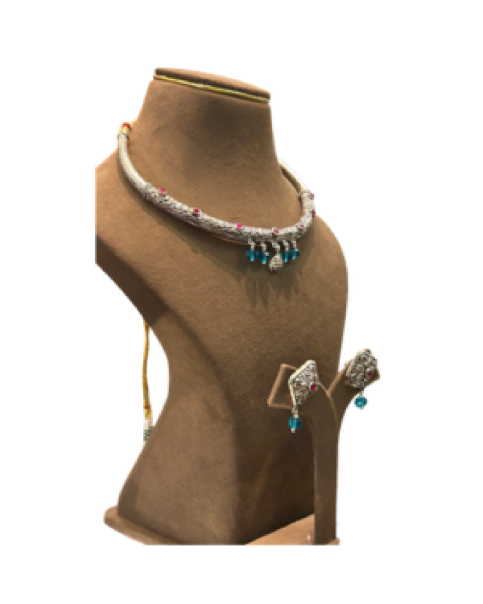 22K Gold Finish American Diamond (CZ) Choker Necklace Set with Blue Beads | Designer Bridal Jewellery