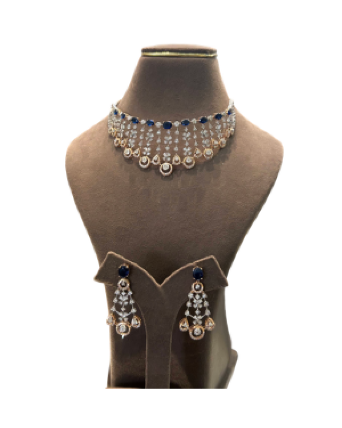 22K Gold Finish Blue Sapphire CZ Choker Necklace Set | Designer Bridal Jewellery 22K Gold Finish Blue Sapphire CZ Choker Necklace Set | Designer Bridal Jewellery
