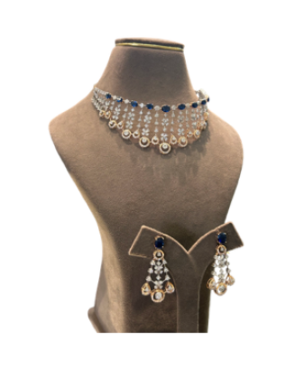 22K Gold Finish Blue Sapphire CZ Choker Necklace Set | Designer Bridal Jewellery
