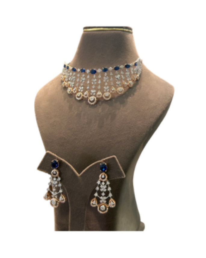 22K Gold Finish Blue Sapphire CZ Choker Necklace Set | Designer Bridal Jewellery 22K Gold Finish Blue Sapphire CZ Choker Necklace Set | Designer Bridal Jewellery