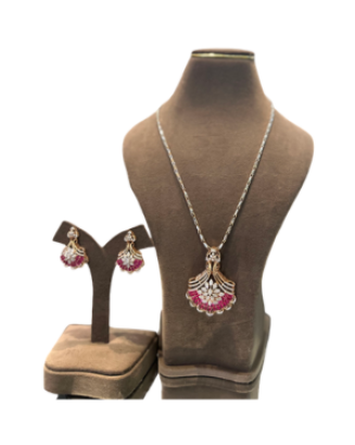 22K Gold Finish CZ Pendant Necklace Set with Pink Ruby Stones | Designer Jewellery for Women
