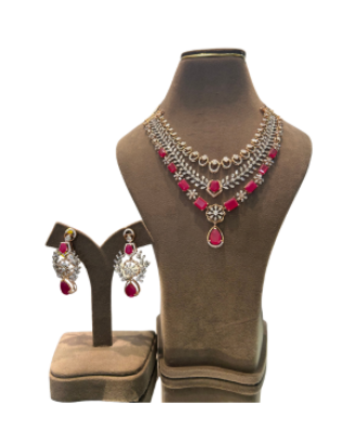 22K Gold Finish CZ Ruby Red Necklace Set for Women | Designer Bridal Jewellery
