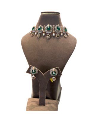 22K Gold Finish Emerald Green CZ Choker Necklace Set | Designer Bridal Jewellery