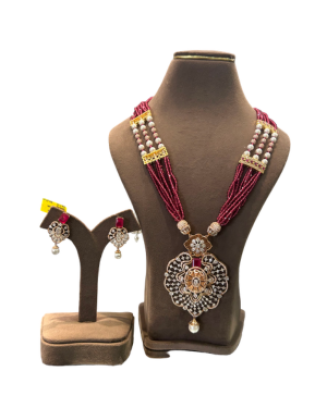 22K Gold Finish Lakshmi Pendant Pearl Beaded Necklace Set | Traditional Bridal Jewellery