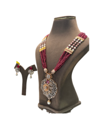22K Gold Finish Lakshmi Pendant Pearl Beaded Necklace Set | Traditional Bridal Jewellery
