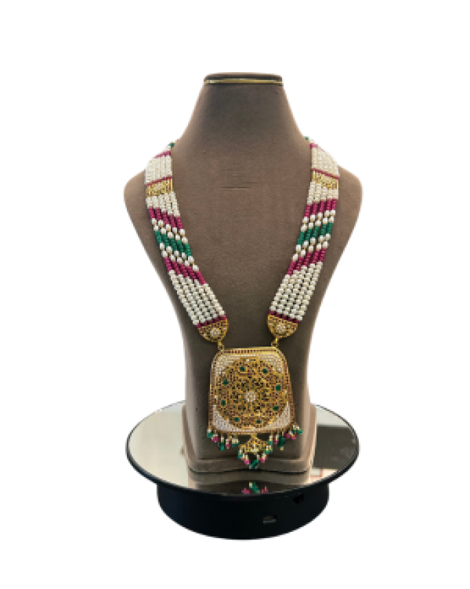 22K Gold Finish Multi-Strand Pearl Necklace with Antique Pendant | Traditional Bridal Jewellery | 50.710 gm