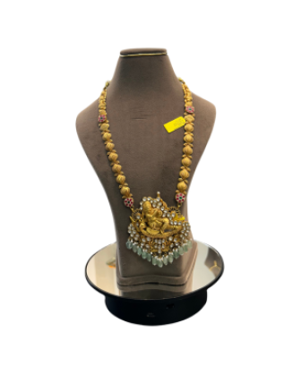 22K Gold Finish Temple Ganesha Rudraksha Long Necklace | Traditional Bridal Necklace | 69.900 gm