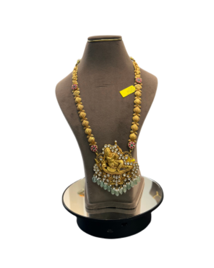22K Gold Finish Temple Ganesha Rudraksha Long Necklace | Traditional Bridal Necklace | 69.900 gm