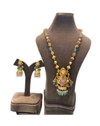 22K Gold Finish Temple Lakshmi Necklace Set with Jhumka Earrings | Traditional Bridal Jewellery