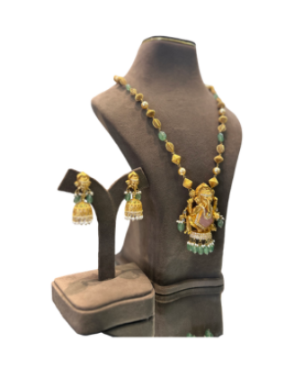 22K Gold Finish Temple Lakshmi Necklace Set with Jhumka Earrings | Traditional Bridal Jewellery