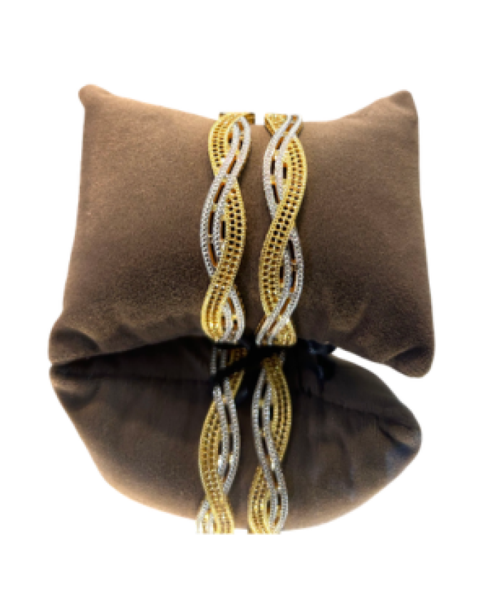 22K Gold Finish Two-Tone Designer Twist Bangles for Women | CZ Stone Kada Pair | 38.610 gm