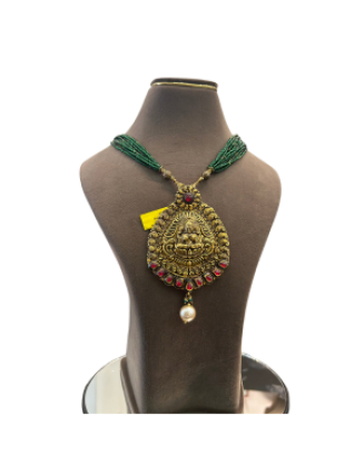 Antique Lakshmi Pendant Green Beads Necklace | Temple Jewellery | 45.070 gm