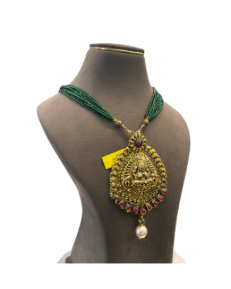 Antique Lakshmi Pendant Green Beads Necklace | Temple Jewellery | 45.070 gm