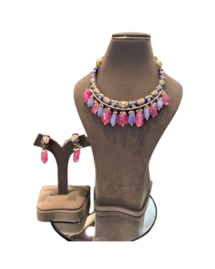 Designer Blue Beaded Necklace Set with Pink Crystal Drops & Earrings