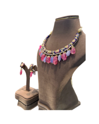 Designer Blue Beaded Necklace Set with Pink Crystal Drops & Earrings