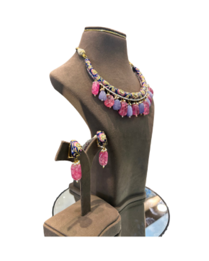 Designer Blue Beaded Necklace Set with Pink Crystal Drops & Earrings