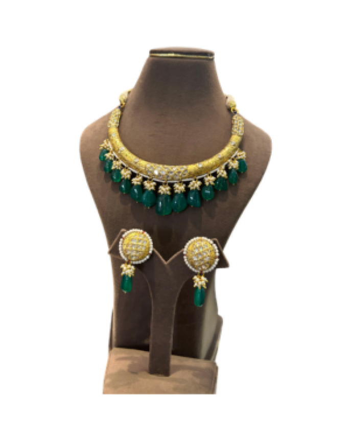 Designer Gold Tone Choker Necklace Set with Green Teardrop Beads & Earrings