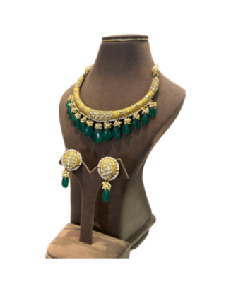 Designer Gold Tone Choker Necklace Set with Green Teardrop Beads & Earrings