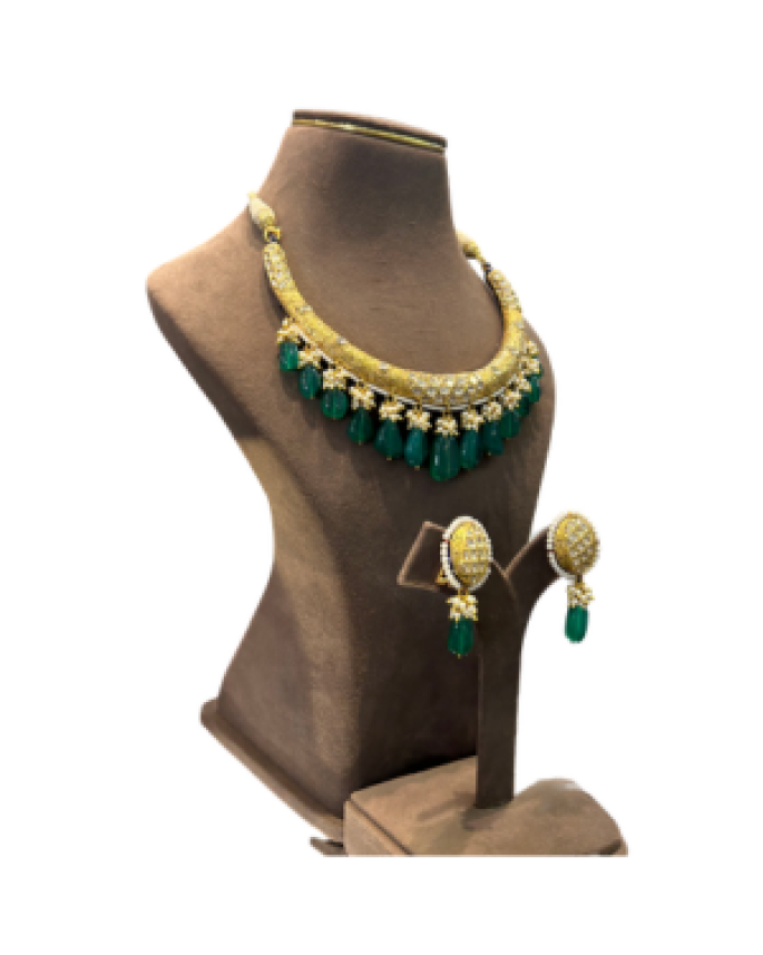 Designer Gold Tone Choker Necklace Set with Green Teardrop Beads & Earrings
