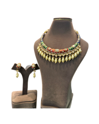 Designer Multicolor Beaded Necklace Set with Gold Tone Leaf Drops & Earrings