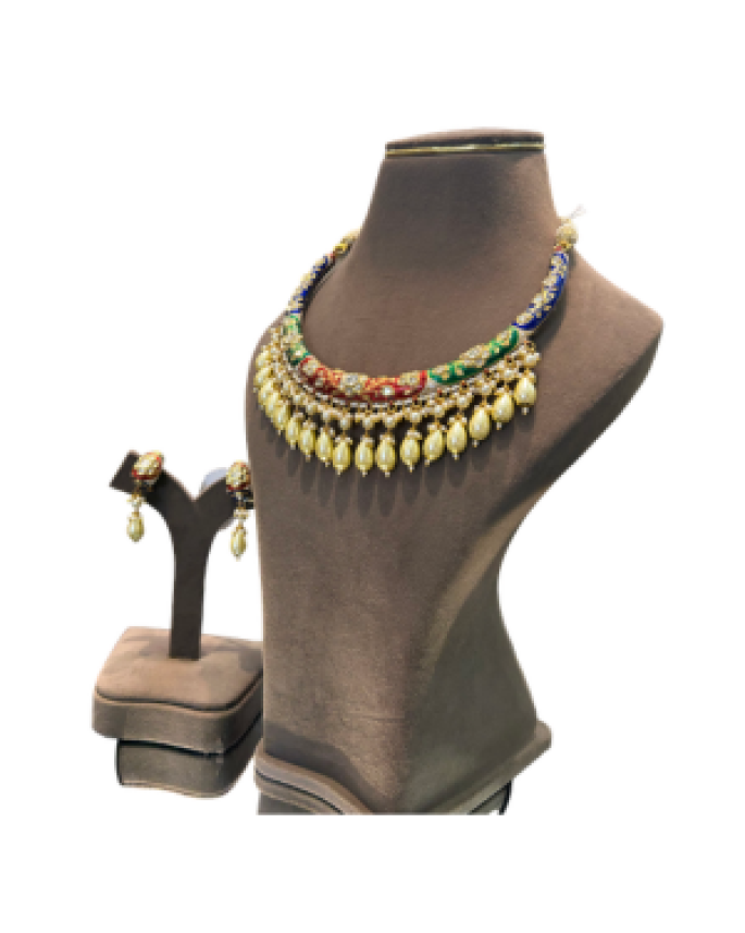 Designer Multicolor Beaded Necklace Set with Gold Tone Leaf Drops & Earrings