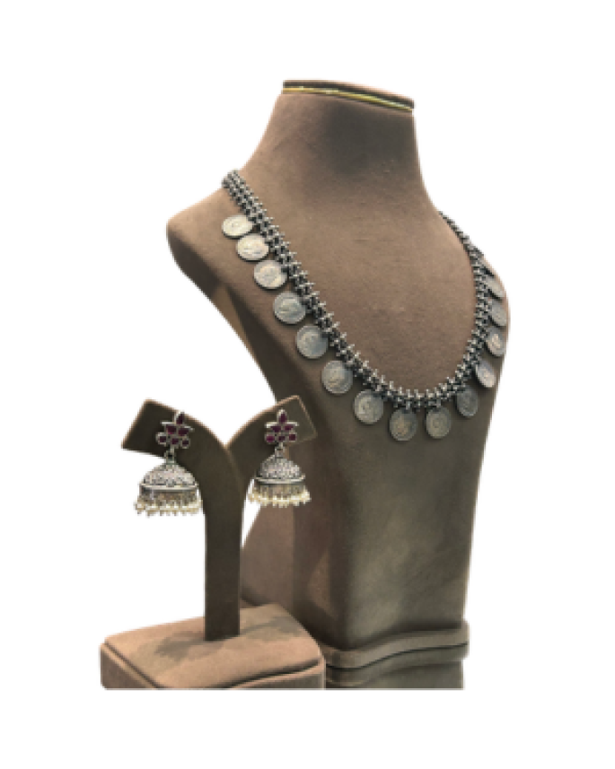 Designer Oxidised Coin Necklace Set with Jhumka Earrings