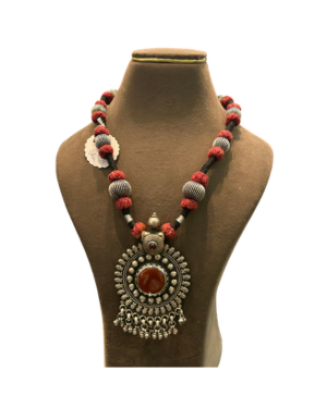 Designer Oxidised Long Pendant Necklace with Red & Black Beads