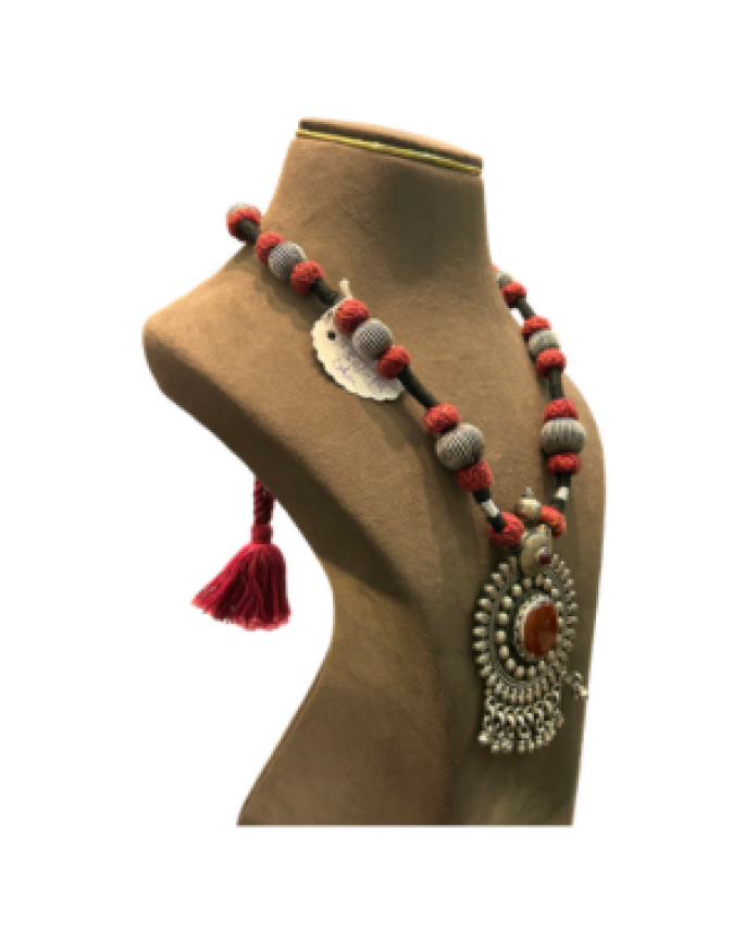 Designer Oxidised Long Pendant Necklace with Red & Black Beads