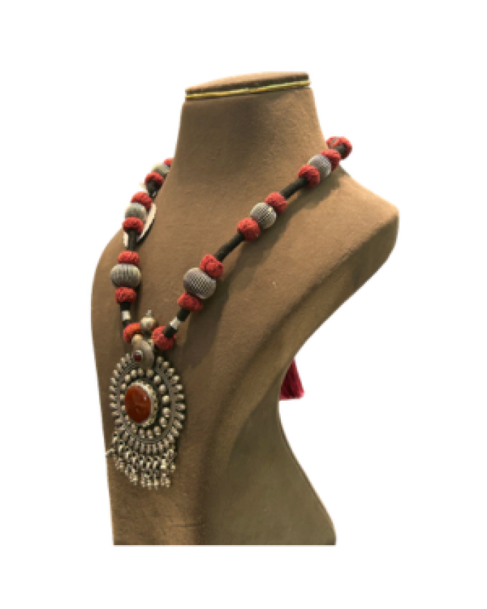 Designer Oxidised Long Pendant Necklace with Red & Black Beads