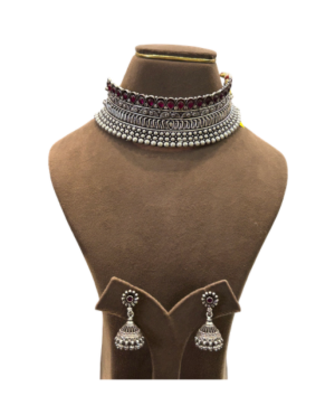 Designer Oxidised Silver Choker Necklace Set with Maroon Stones & Jhumka Earrings