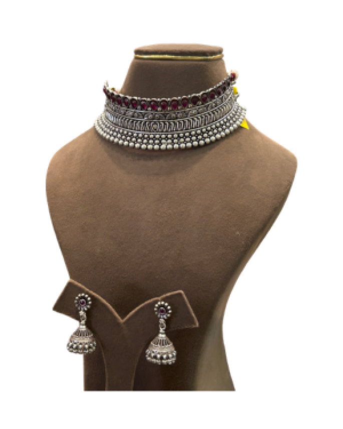Designer Oxidised Silver Choker Necklace Set with Maroon Stones & Jhumka Earrings