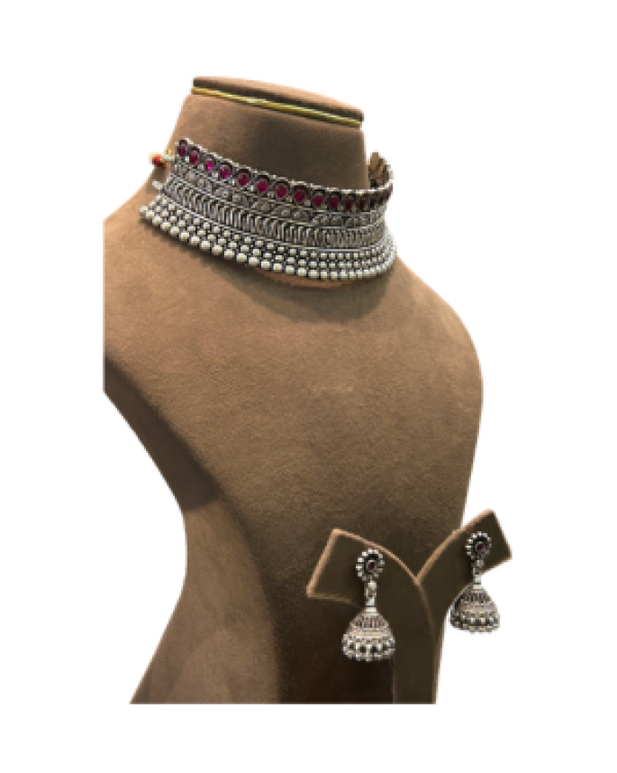 Designer Oxidised Silver Choker Necklace Set with Maroon Stones & Jhumka Earrings