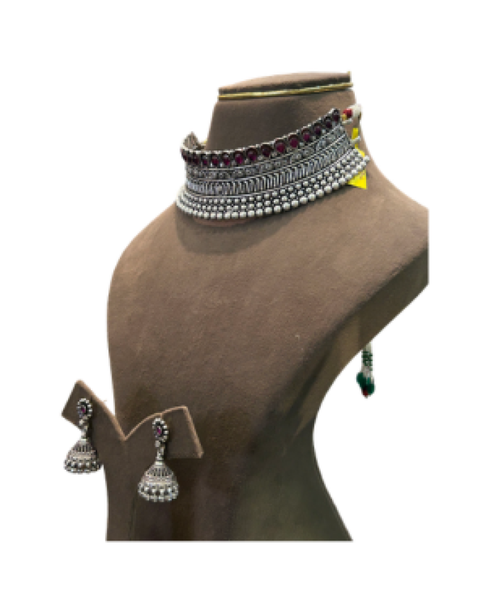 Designer Oxidised Silver Choker Necklace Set with Maroon Stones & Jhumka Earrings