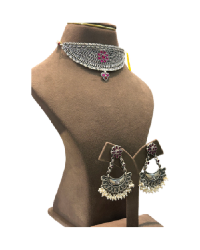 Designer Oxidised Silver Choker Necklace Set with Pink Stone & Earrings