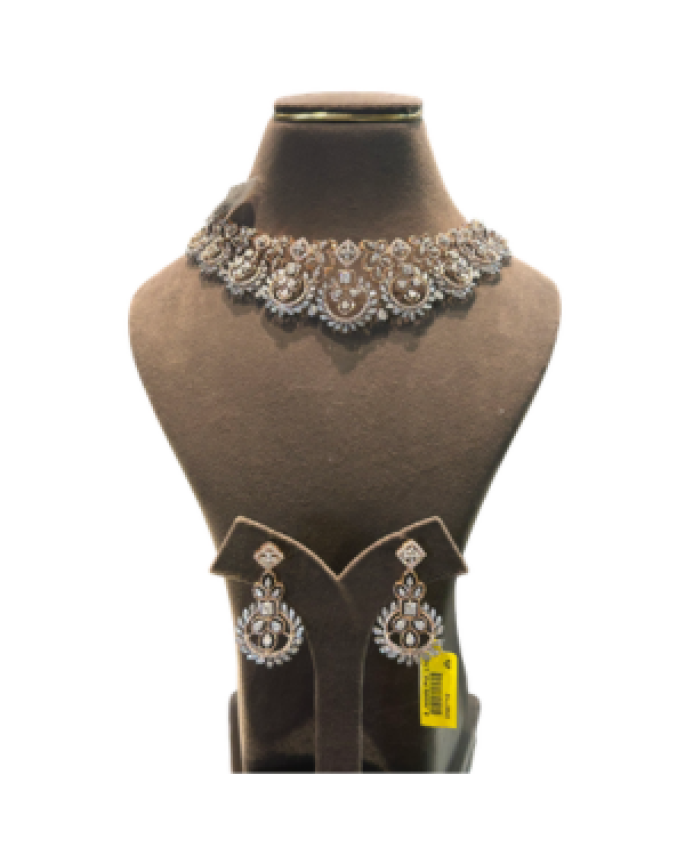Designer Rose Gold Tone Floral Choker Necklace Set with Earrings
