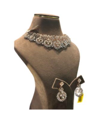 Designer Rose Gold Tone Floral Choker Necklace Set with Earrings