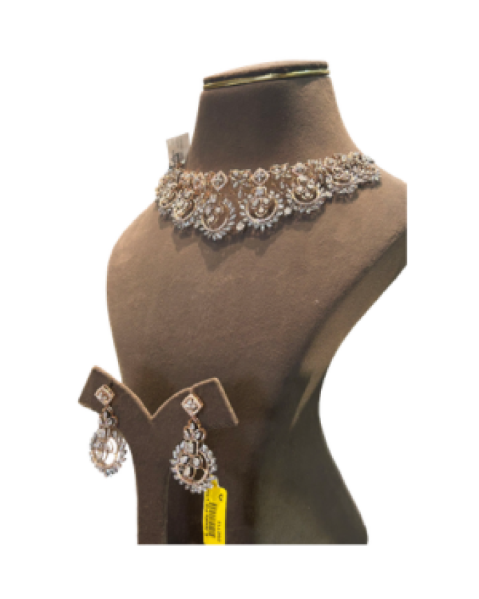 Designer Rose Gold Tone Floral Choker Necklace Set with Earrings