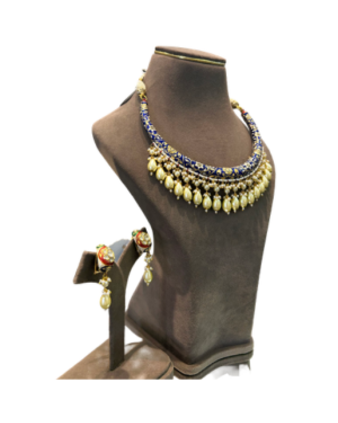 Designer Royal Blue Beaded Necklace Set with Gold Tone Leaf Drops & Earrings