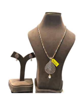 Designer Silver Tone Teardrop Pendant Necklace Set with Earrings