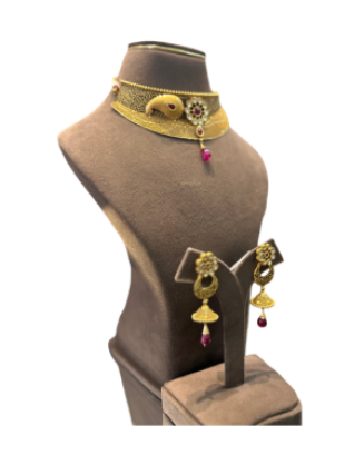 Traditional Antique Gold Choker Necklace Set with Earrings | Bridal Temple Jewellery | 68.820 gm