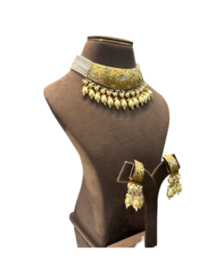 Traditional Antique Gold Choker Necklace Set with Pearl Drops & Earrings