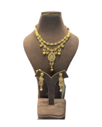 Traditional Antique Gold Layered Pendant Necklace Set with Earrings | Ethnic Jewellery