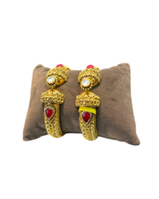 Traditional Antique Gold Open Kada Pair with Ruby Stone & Pearl Design