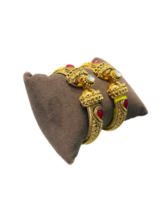 Traditional Antique Gold Open Kada Pair with Ruby Stone & Pearl Design