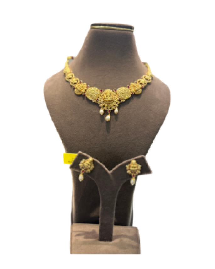 Traditional Antique Lakshmi Floral Necklace Set with Earrings | Temple Jewellery | 29.810 gm