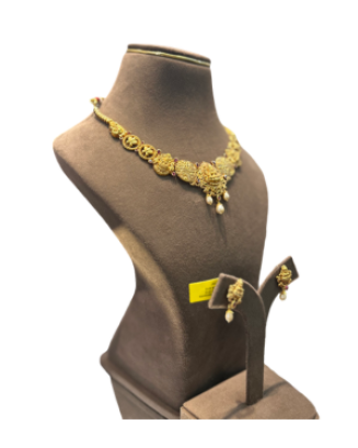 Traditional Antique Lakshmi Floral Necklace Set with Earrings | Temple Jewellery | 29.810 gm