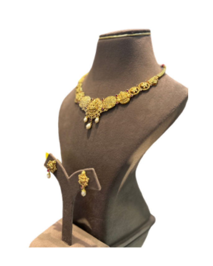 Traditional Antique Lakshmi Floral Necklace Set with Earrings | Temple Jewellery | 29.810 gm